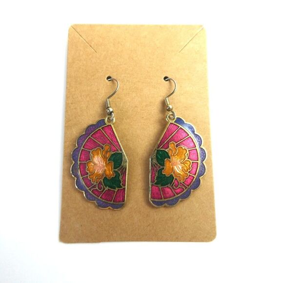Vintage Cloisonne Dangle Fishhook Flower Floral Colorful Earrings Pierced Boho - Picture 1 of 6